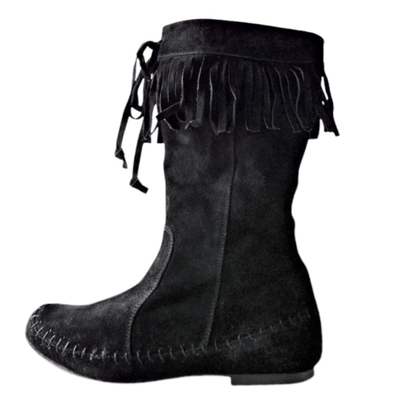 STEVE MADDEN Black Suede Fringe Moccasin Boots Boho 9 Spain - Picture 3 of 10